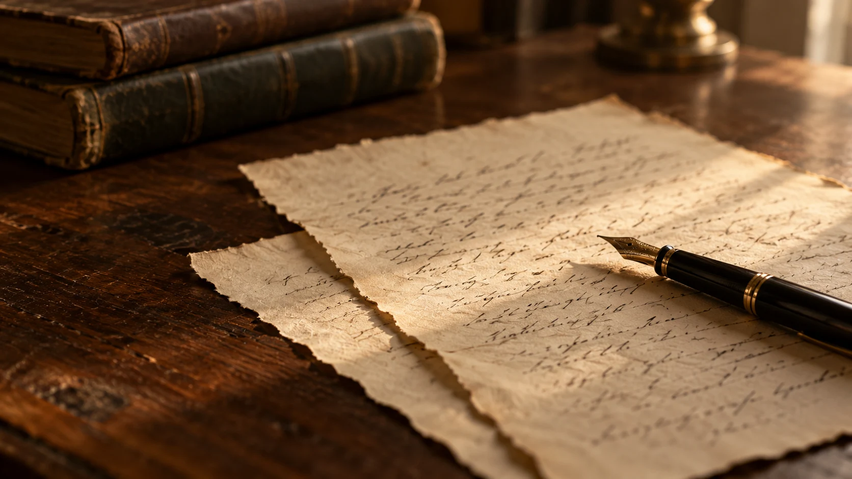 Cartas manuscritas em papel envelhecido, livros e caneta-tinteiro sobre uma mesa de madeira