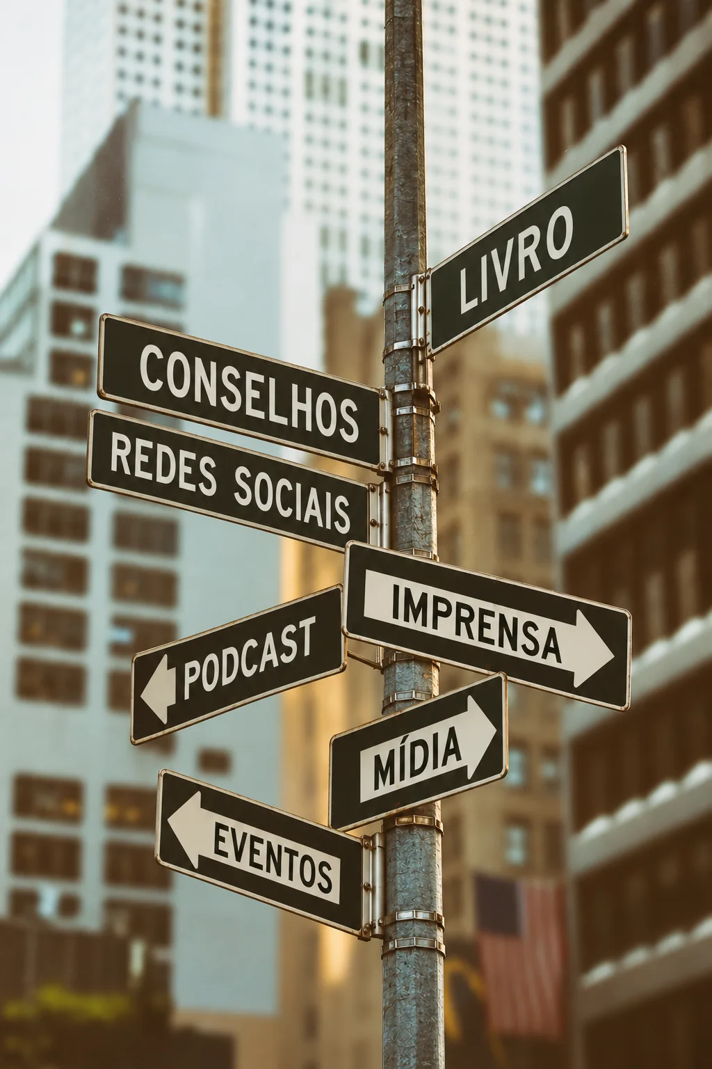 Poste de rua com placas apontando para Livro, Conselhos, Redes sociais, Podcast, Imprensa, Mídia e Eventos